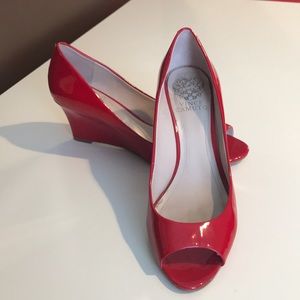 Vince Camuto Red Patent Leather Peep Yor Wedges